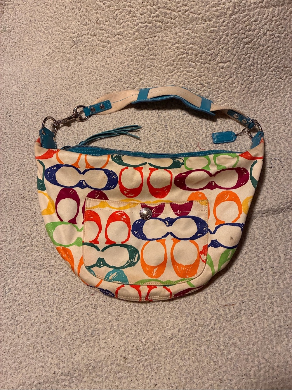 Vintage Coach Multicolor Canvas Shoulder Bag with Leather Trim, needs cleaned